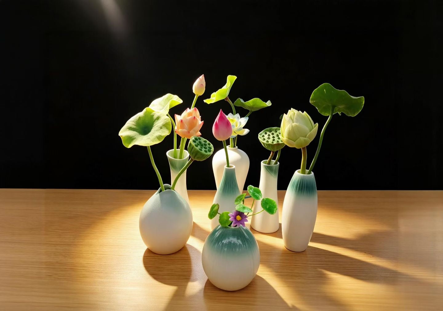 Handmade Preserved Lotus Pod & Leaf with Matte Ceramic Vase