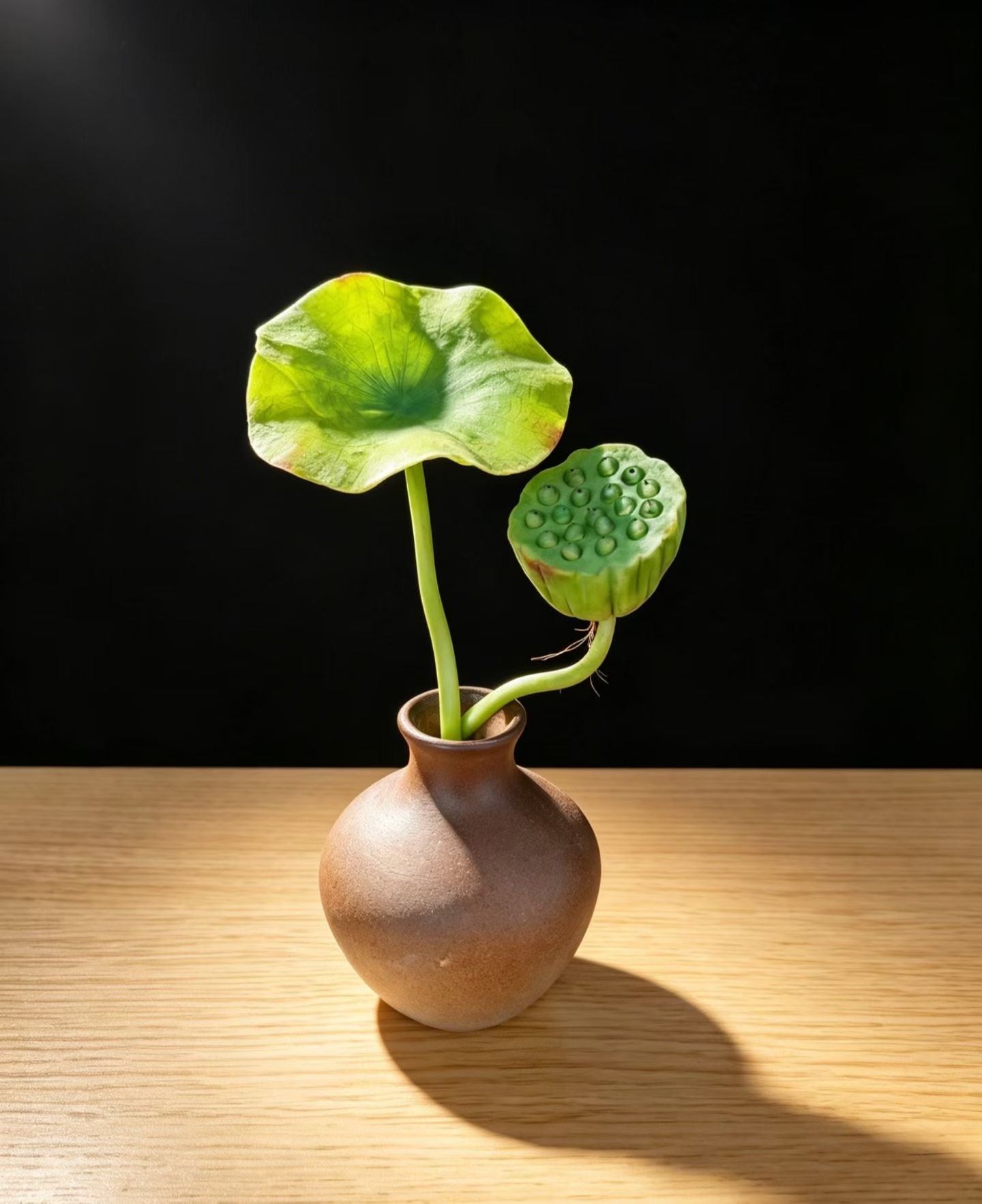 Handmade Preserved Lotus Pod & Leaf with Matte Ceramic Vase